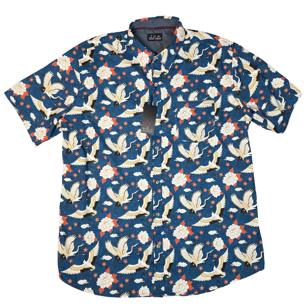 Public Record Mens 2XL Teal Japanese Crane‎ Floral Print Button Up Shirt New